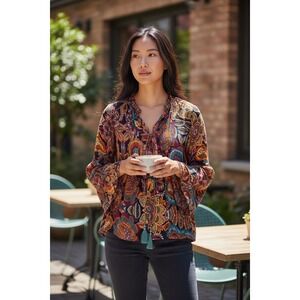 Karyn Seo Floral Bell Sleeve Tassel Tie Blouse Multi Color S Boho Artisan NWT
